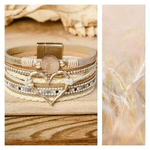Beige Bohemian Heart Rhinestone Magnetic Buckle Bracelet.  NEW!